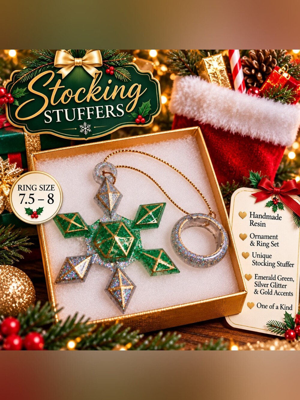 Handmade Emerald Green Glitter Snowflake Ornament & Ring Set - Stocking Stuffer